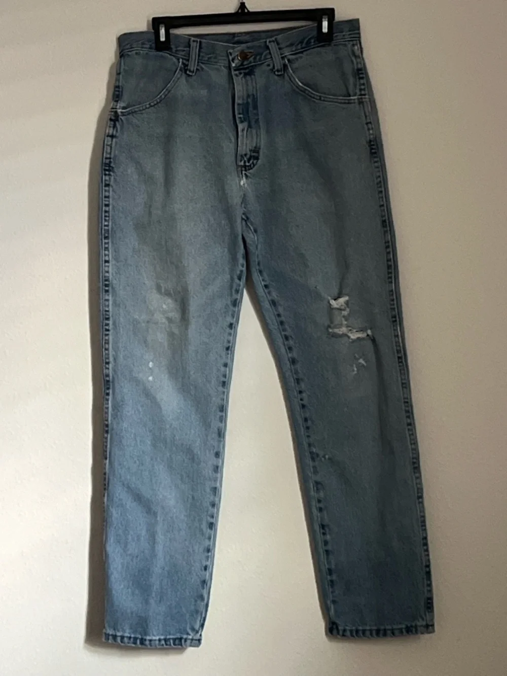 Rustler Light Blue Relaxed Straight-Leg Jeans with Distress, Size 33/32